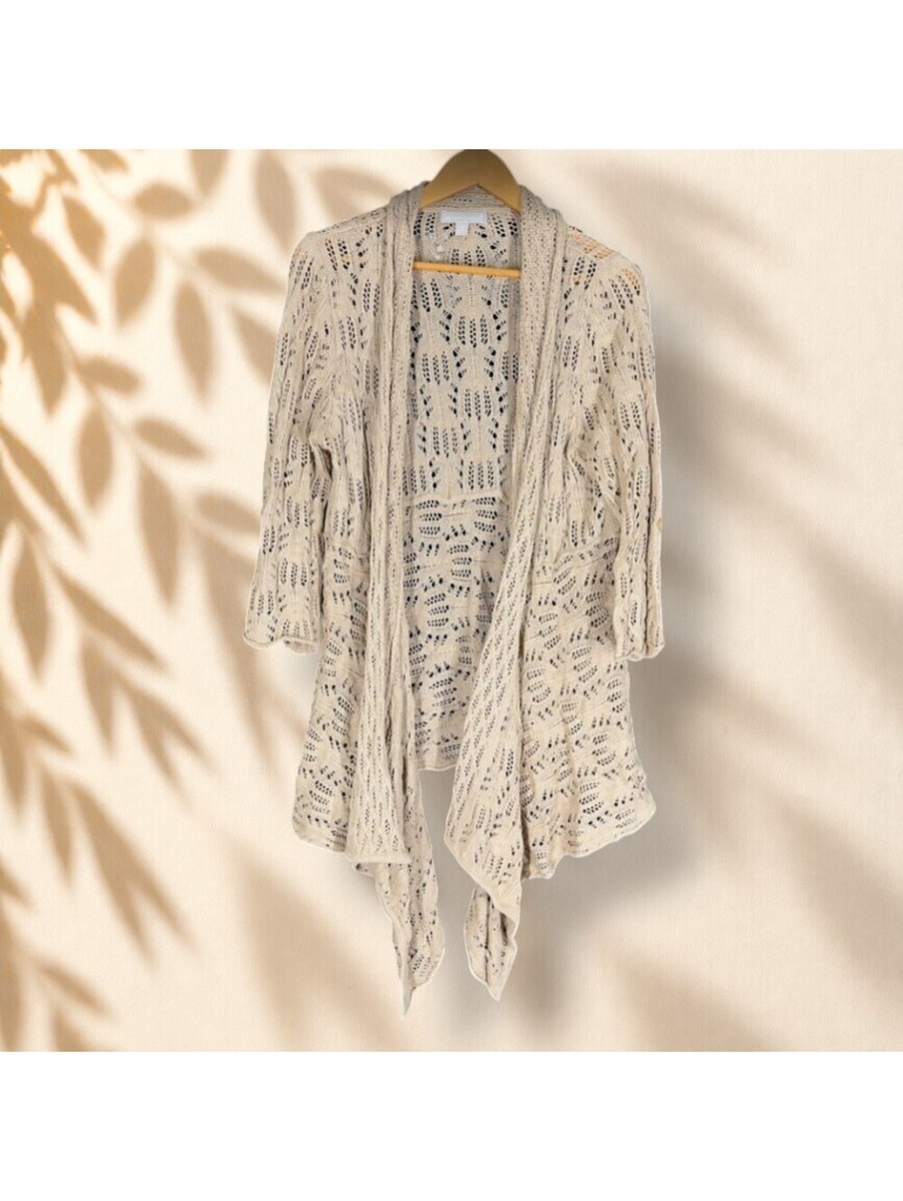 Woman Within Top Women 12 Brown Crochet Open Front 3/4 Sleeve Cotton Casual